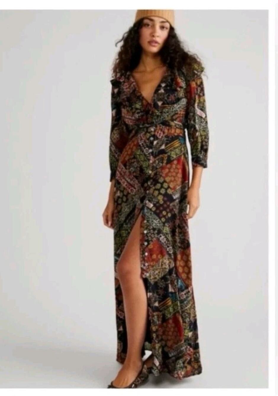 Free People Lennon Long Sleeve Black Brown Maxi Dress Medium